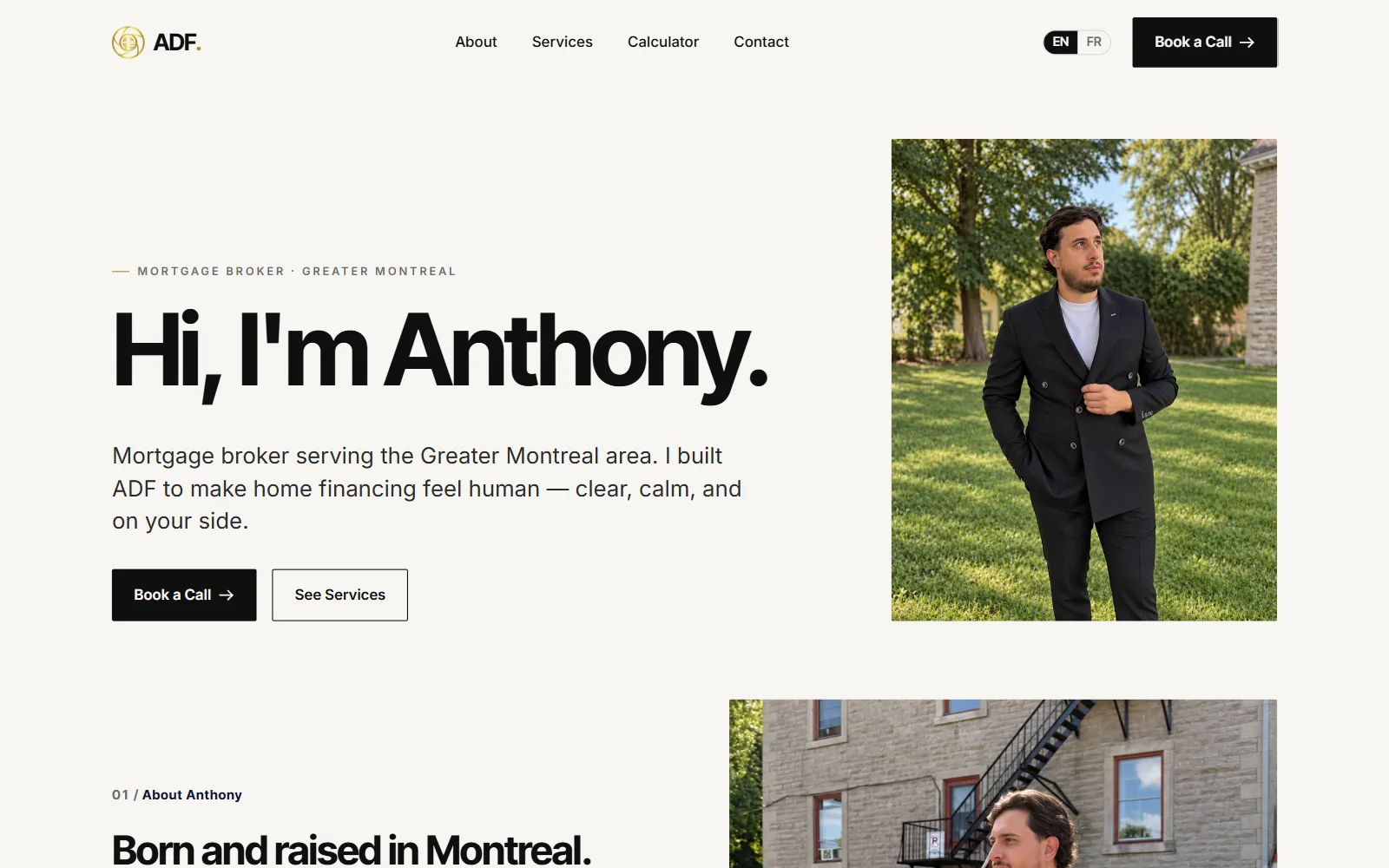 The About page: “Hi, I'm Anthony.” beside a full-length portrait on a lawn