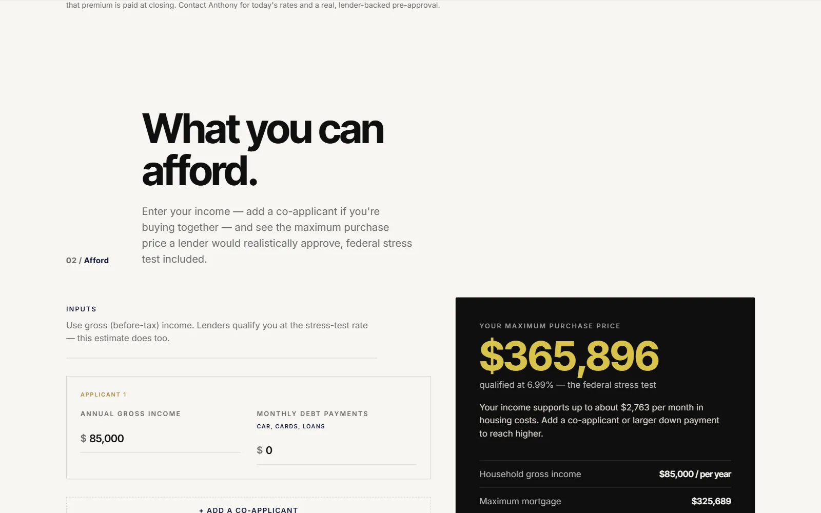 The affordability calculator: income and debt inputs beside a maximum purchase price of $365,896, qualified at the stress-test rate