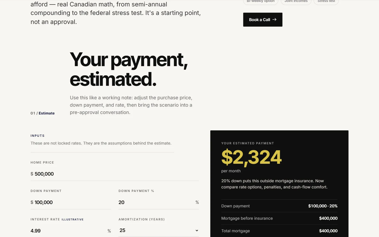 The payment calculator: home price, down payment, rate and amortization inputs beside a dark results card showing an estimated $2,324 a month