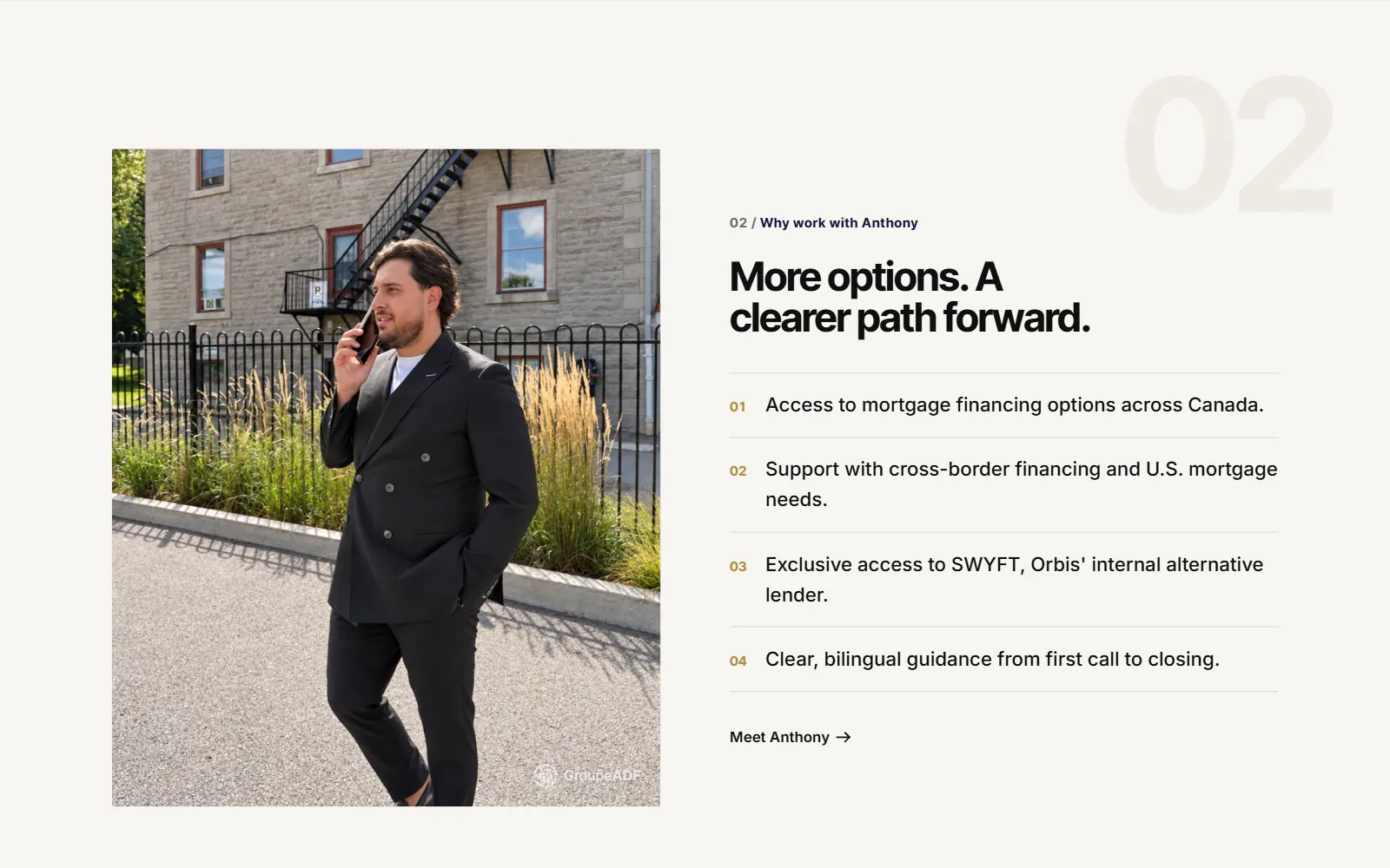 “More options. A clearer path forward.”: a portrait of Anthony on the phone beside four reasons to work with him