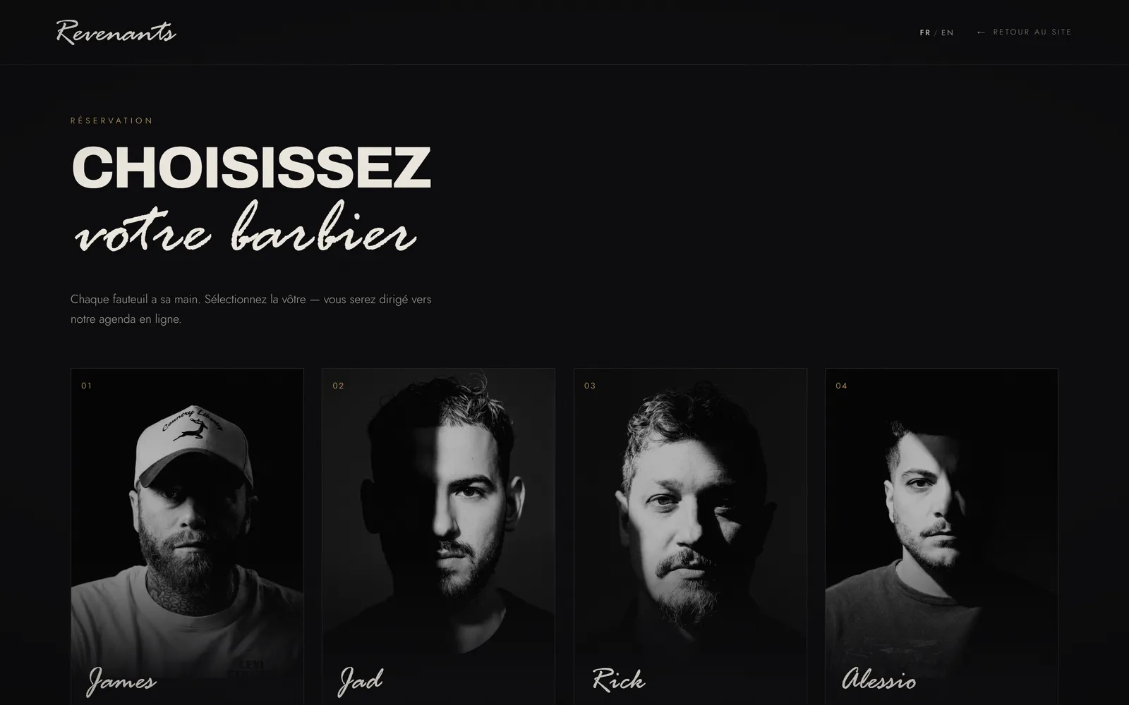 The booking page: “Choisissez votre barbier”, with the four barbers presented as selectable cards