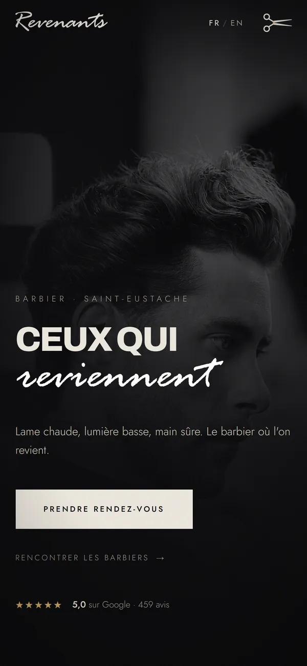 The homepage on a phone: the headline and booking button stacked over the portrait