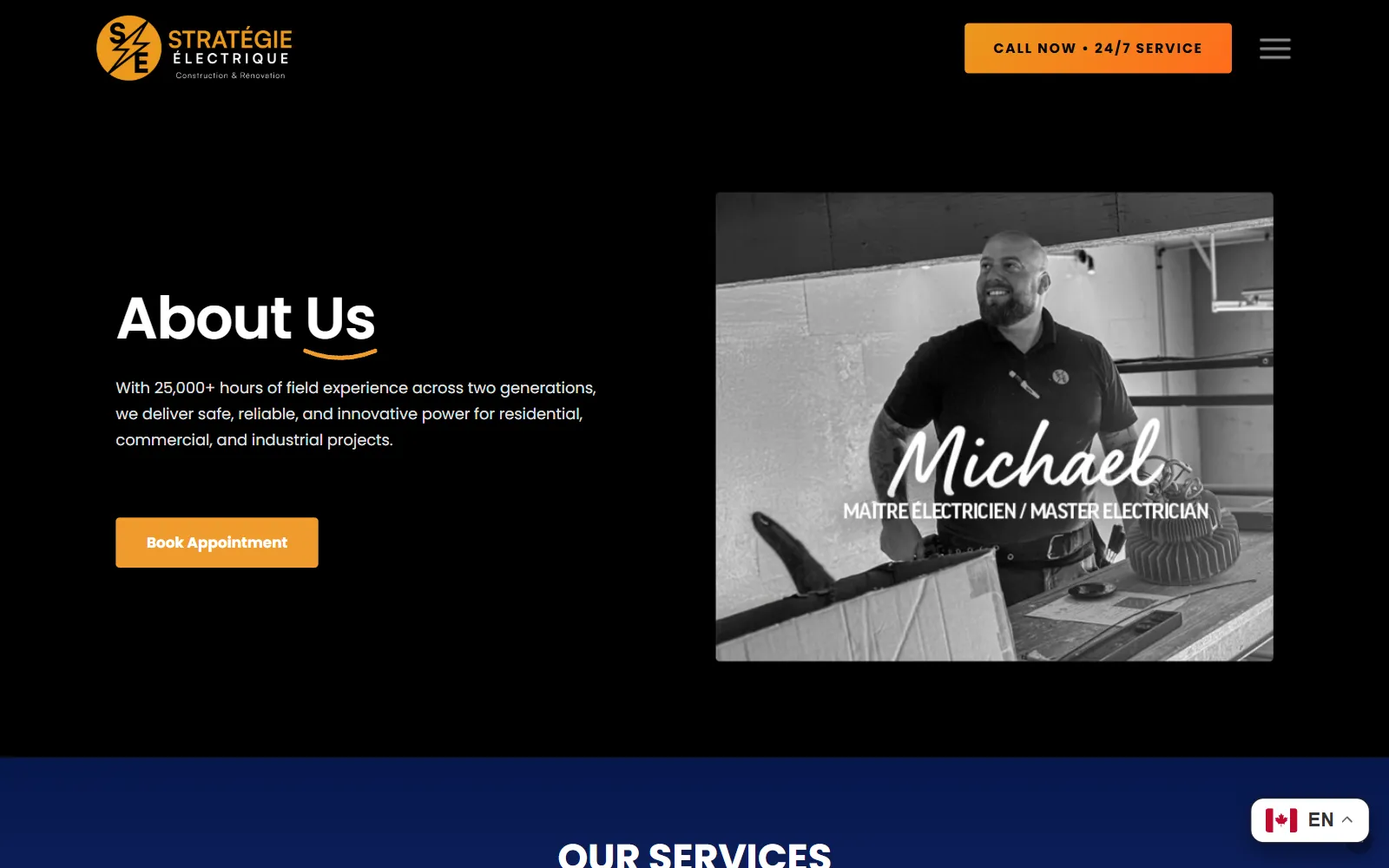 The About section: a black-and-white portrait of master electrician Michael beside the company's 25,000 hours of field experience