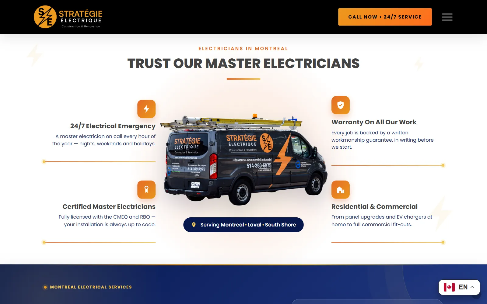 “Trust our master electricians”: 24/7 emergency service, certified master electricians, a written warranty and residential and commercial work, around a photograph of the service van