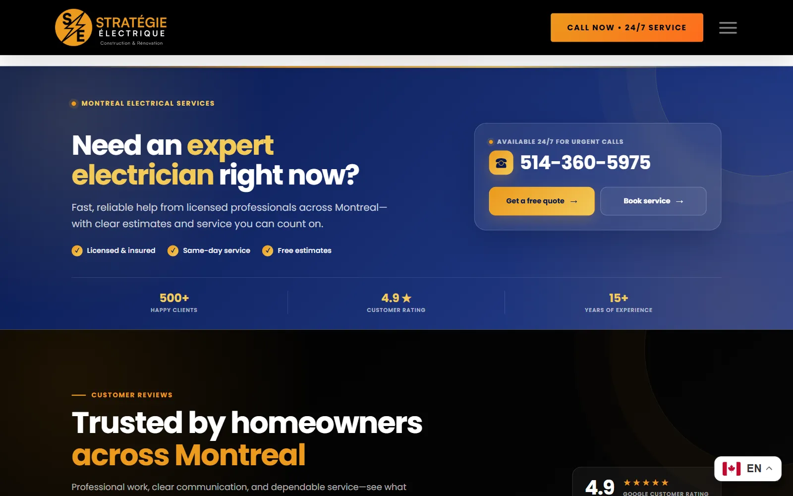The call section: “Need an expert electrician right now?”, the phone number with quote and booking buttons, and 500+ clients, a 4.9 rating and 15+ years
