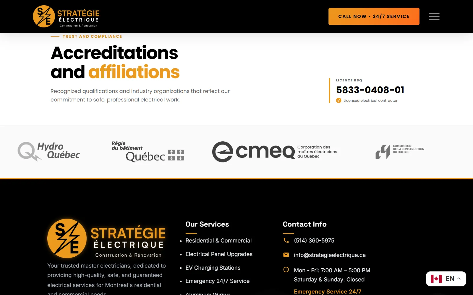 The accreditations band with the RBQ licence number and the Hydro-Québec, RBQ, CMEQ and CCQ logos, above the footer
