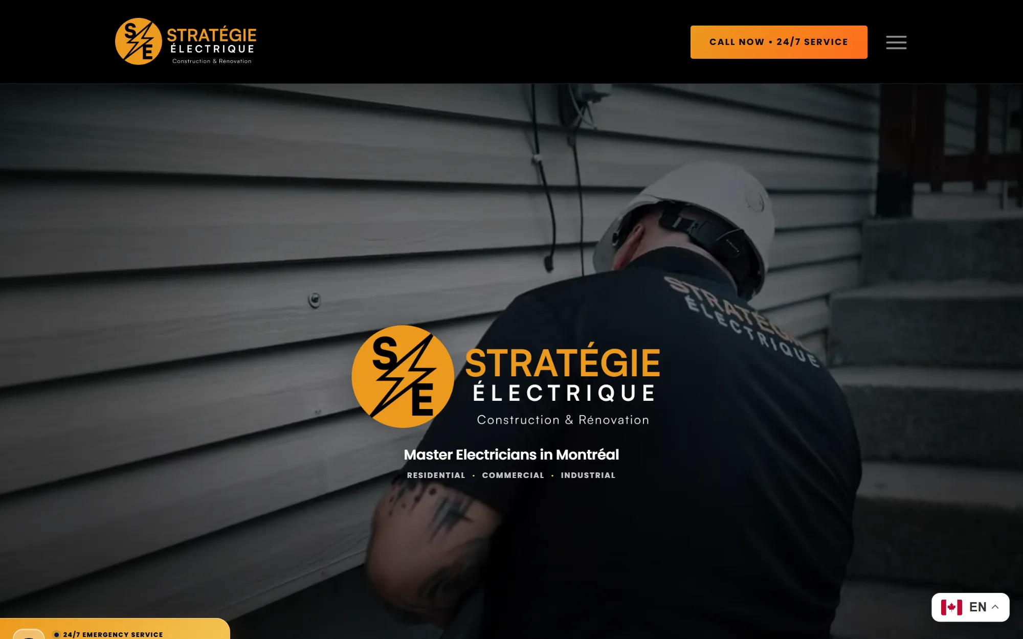 The Stratégie Électrique hero: the logo and “Master Electricians in Montréal” over a low-lit photograph of an electrician working on a service panel