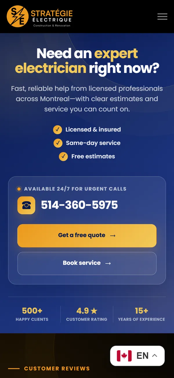 The call section on a phone: “Need an expert electrician right now?”, the phone number and full-width quote and booking buttons