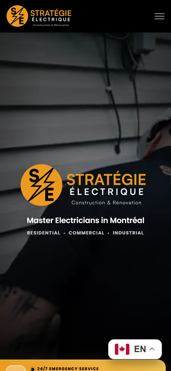 The homepage on a phone: the logo over the dark hero photograph, with the 24/7 emergency call button at the bottom of the screen