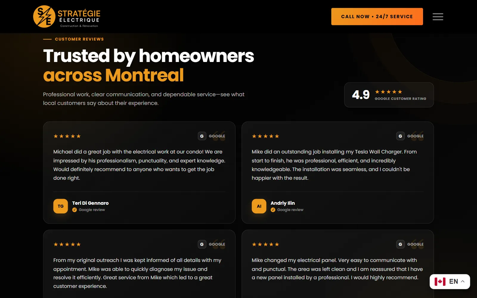 “Trusted by homeowners across Montreal”: a 4.9 Google rating beside four customer reviews