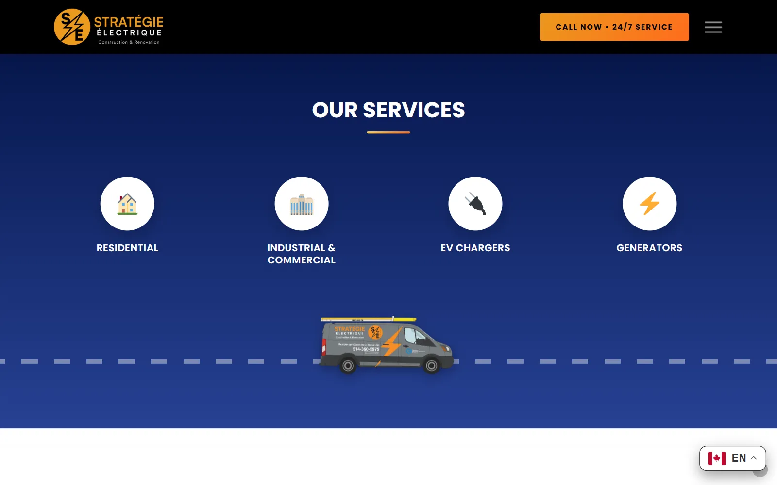 The Our Services section on deep blue: residential, industrial and commercial, EV chargers and generators, with a branded service van on a dashed road below