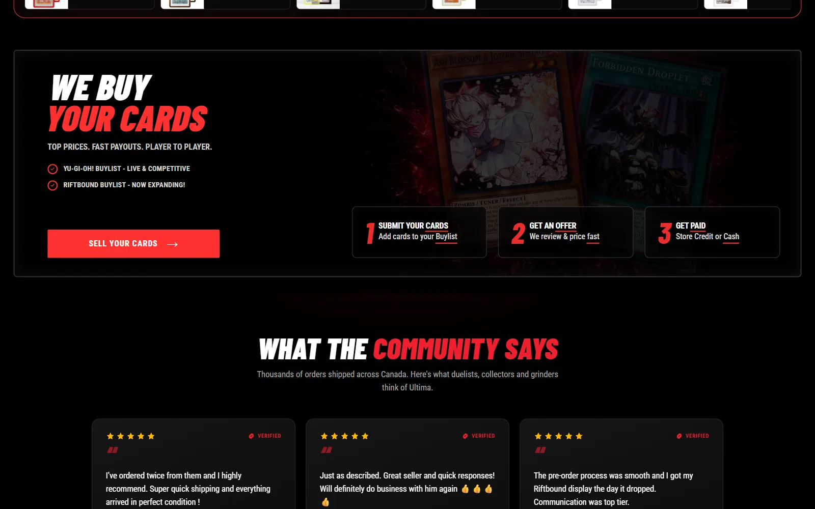 The “We buy your cards” banner: submit your cards, get an offer, get paid, with a link to the buylist