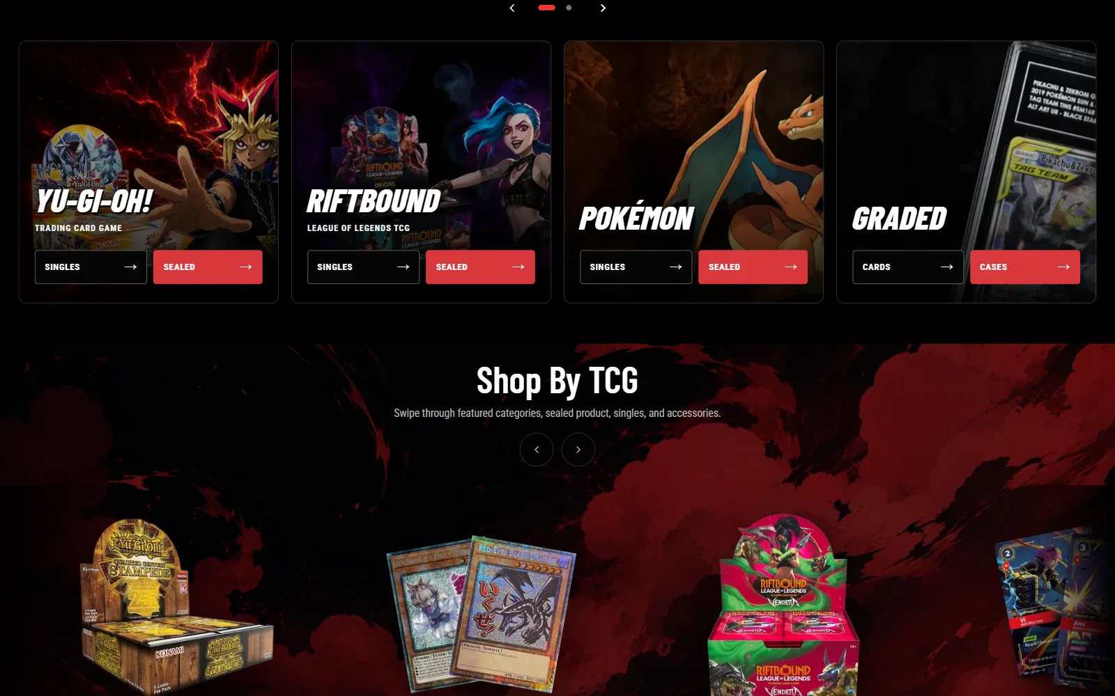 The category grid: Yu-Gi-Oh!, Riftbound, Pokémon and Graded tiles, each with Singles and Sealed buttons, above the “Shop by TCG” slider