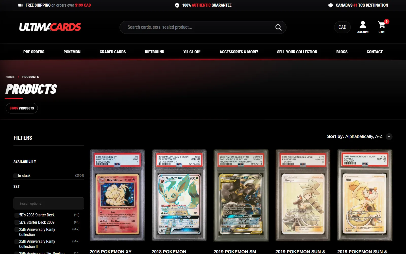The all-products collection page: filters for availability and set beside a grid of graded Pokémon cards