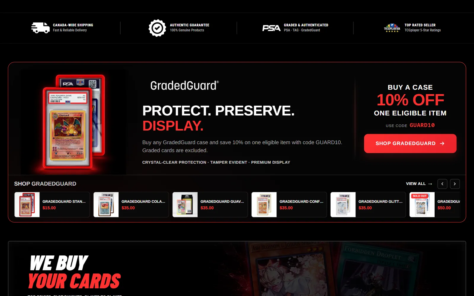 The GradedGuard promotion: a PSA slab in a red-lit case, a 10% offer and a scrolling strip of GradedGuard cases