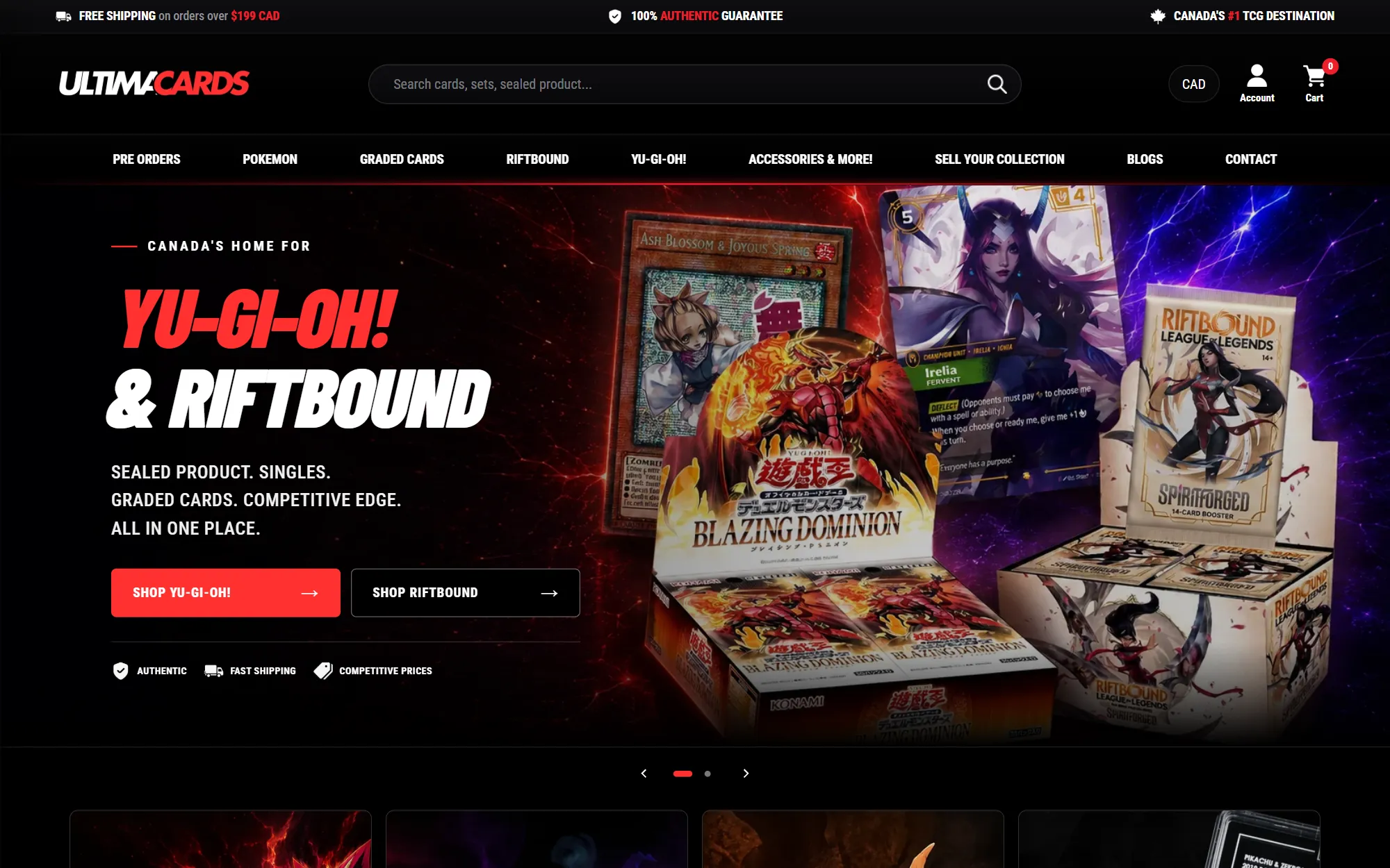 The Ultima Cards hero, with the shop's search bar and category navigation above a “Canada's home for Yu-Gi-Oh! & Riftbound” banner