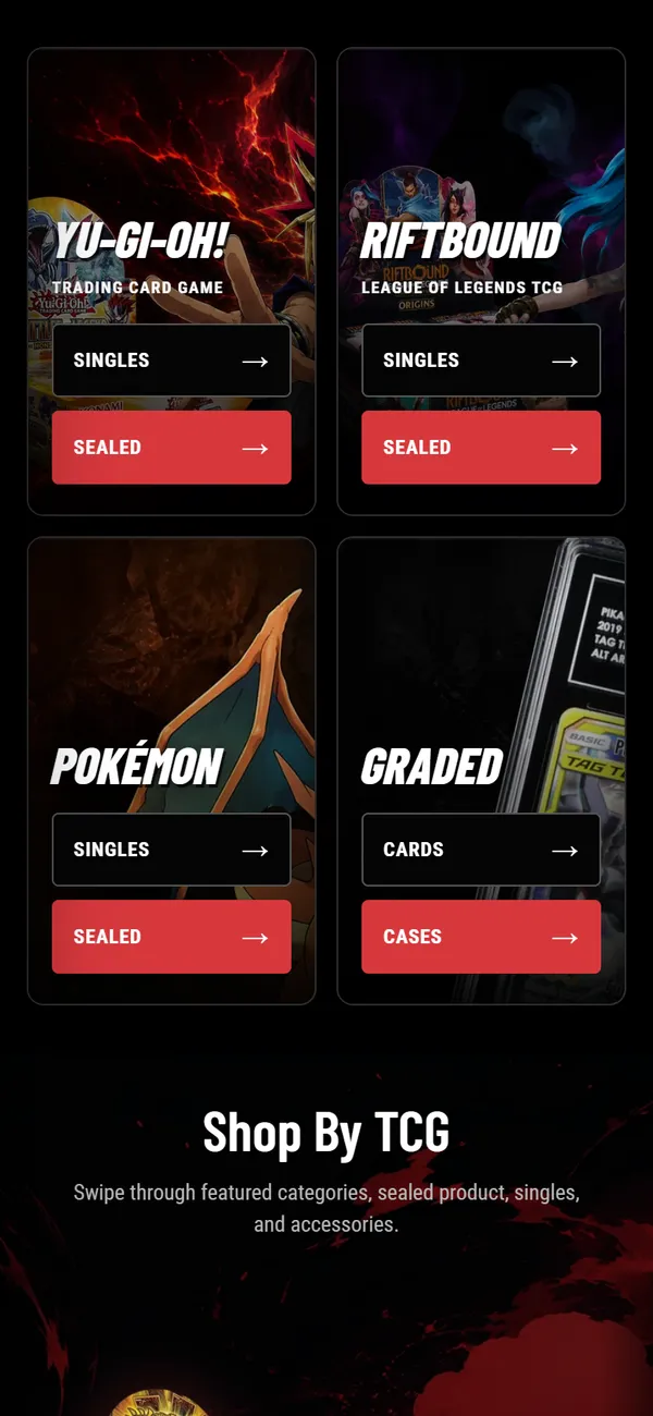 The category grid on a phone, as two columns of game tiles with Singles and Sealed buttons