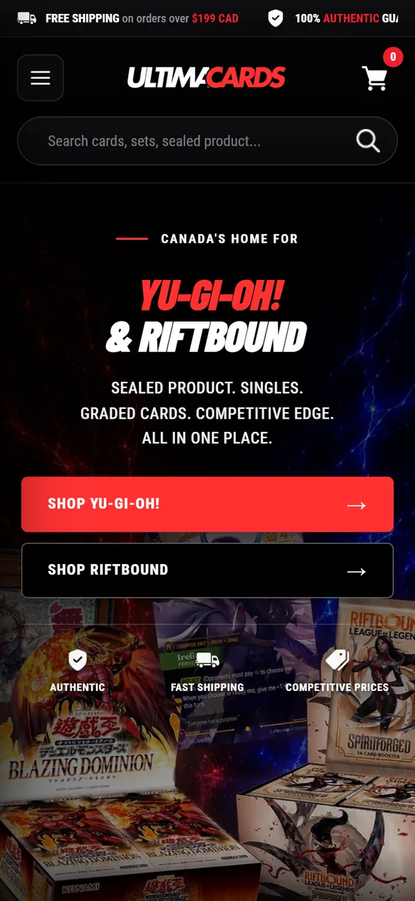 The Ultima Cards homepage on a phone: search bar, the Yu-Gi-Oh! and Riftbound headline, and two full-width shop buttons