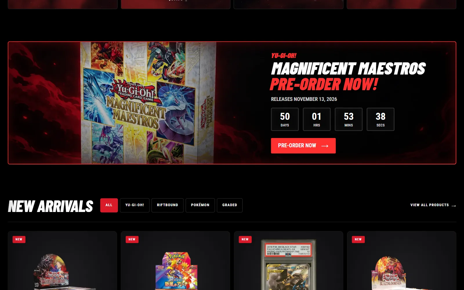 A pre-order banner for Magnificent Maestros with a live days, hours, minutes and seconds countdown, above the New Arrivals filters