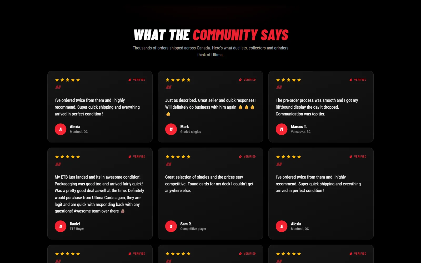 “What the community says”: a grid of verified customer reviews from across Canada